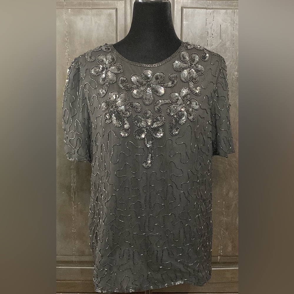 Vintage Cute Classics Silk Black sequence shortsleeved blouse - Size Medium